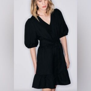 & Other Stories Black V-Neck Puff Sleeve Midi Dress with Tie Waist